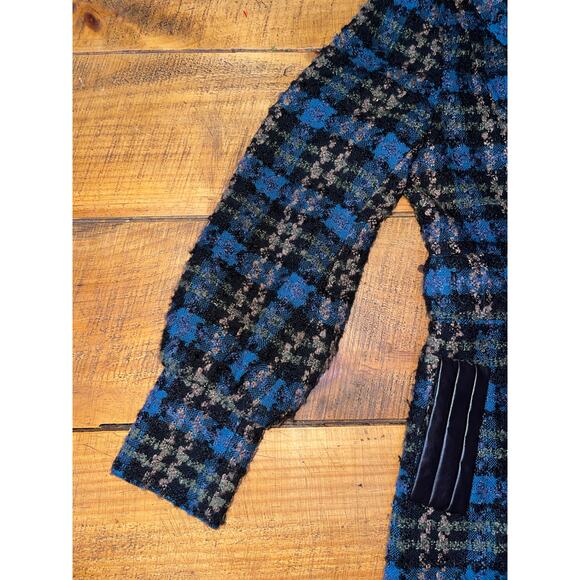 Womens Steve Madden Blue Plaid Tweed Belted Faux Leather Trim Buttons Coat L - Picture 4 of 12